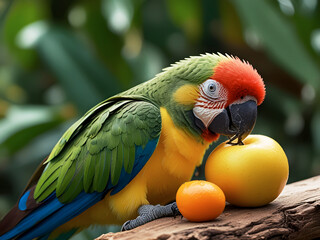 Colorful parrot eating fruit on a wooden branch, vibrant tropical setting