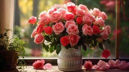 Poster - Freshly Picked Valentine s Roses Elegantly Displayed in a Vase on a Windowsill Creating a Romantic and Tranquil Atmosphere for a Holiday or Gift