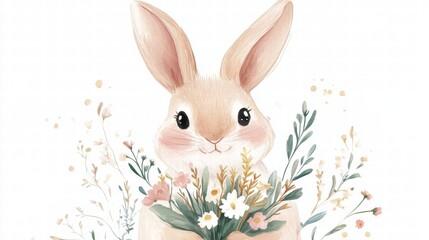Poster - Cute rabbit holding a bouquet of flowers in a soft, cheerful illustration suitable for springtime decor or greeting cards. Generative AI