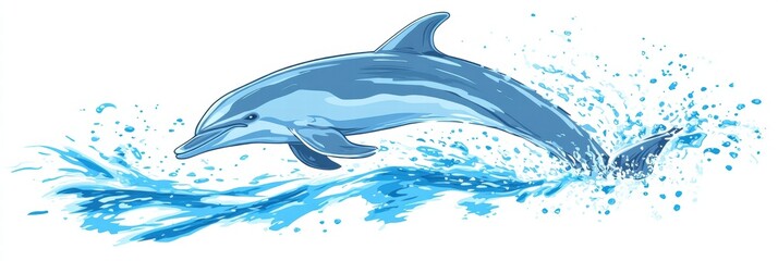 Poster - Dolphin jumping through ocean waves in a vibrant marine setting with splashes of water under a clear sky. Generative AI