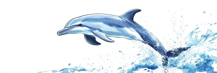 Poster - Dolphin leaps through blue ocean waves in playful and vibrant illustration showcasing marine life. Generative AI