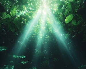 Wall Mural - Lush Tropical Forest Canopy with Sunlight Filtering Through Verdant Foliage