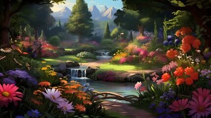 Wall Mural - Breathtaking garden scene with vibrant Valentine s Day flowers in full bloom including roses petunias and other florals in a variety of colorful hues set against a lush romantic landscape