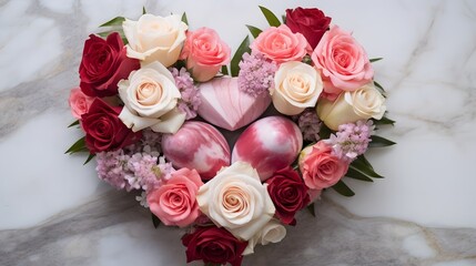 Poster - Romantic Heart Shaped Arrangement of Roses and Tulips Displayed on a Elegant Marble Countertop Surface