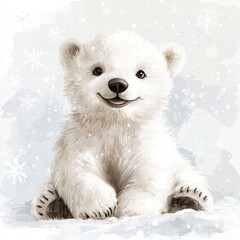 Poster - Cute illustrated polar bear cub sitting in the snow with a cheerful expression during a winter snowfall. Generative AI