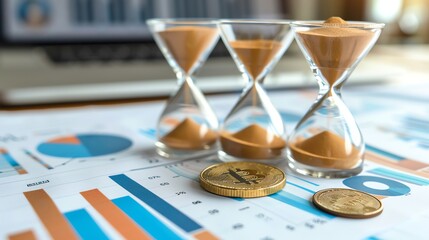 Poster - Three hourglasses sit on a table with financial charts and two gold Bitcoin coins, suggesting a connection between time and cryptocurrency.