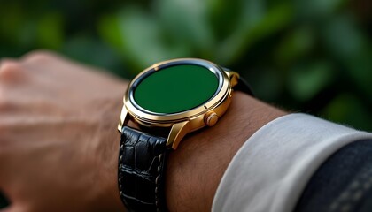 Elegant Gold Smartwatch with Green Screen Display on a Man's Wrist, Close-up Shot