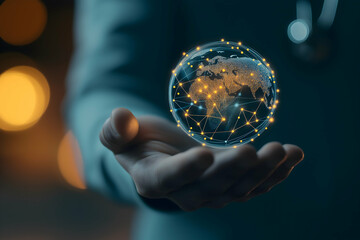 Aufkleber - A hand holds a glowing globe adorned with lights, symbolizing global connection and technology.