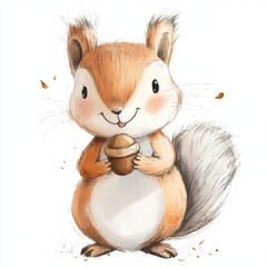 Poster - Cute squirrel holding an acorn in a playful illustration with a light background and autumn leaves. Generative AI