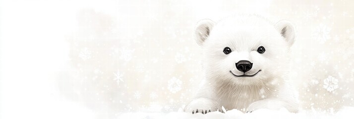 Aufkleber - Cute polar bear cub plays in the snow with a joyful expression in a chilly winter wonderland setting. Generative AI