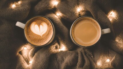 Two coffee cups,cups, candles, bed, cozy, warmth, tranquility, relaxation, soft, bedding, interior, decor, ambiance, light, home, comfort, atmosphere, evening, serenity, peace, design, style, lifestyl