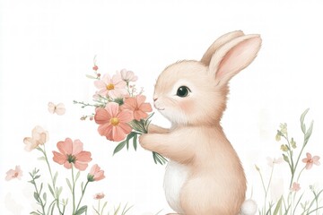 Poster - Cute rabbit holding a bouquet of flowers while surrounded by a colorful garden in a serene setting. Generative AI