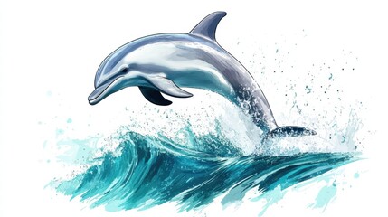 Poster - Dolphin leaps gracefully above vibrant ocean waves under bright sunlit sky. Generative AI