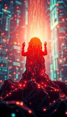 Aufkleber - Futuristic AI Data streams flow into figure merging technology and consciousness