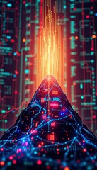 Poster - Futuristic tech mountain with glowing data streams