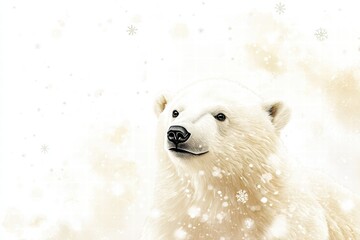 Aufkleber - Snowy polar bear looking curiously at the viewer with snowflakes gently falling around in an illustrated winter atmosphere. Generative AI