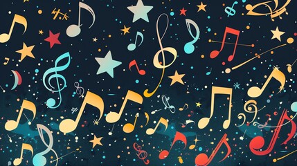 Canvas Print - colorful music notes and stars on a dark blue background.