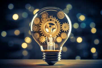 Poster - Interlocking gears spinning inside illuminated light bulb represent innovation, creativity, and teamwork