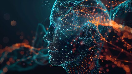 Poster - A digital rendering of a human face with glowing lines and dots.