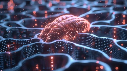 Poster - A digital rendering of a human brain with glowing blue and pink lights, set against a dark blue background with bokeh and abstract lines.