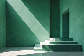 Poster - Sunlight streaming on minimal green staircase in modern architecture interior