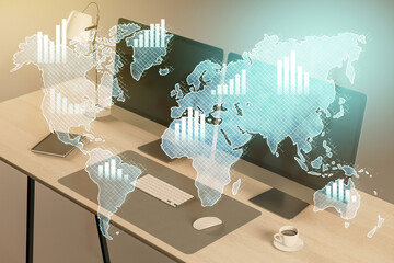 Poster - Digital world map with data bars over office desk background.
