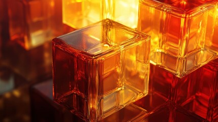 Poster - Abstract glass cubes with vibrant orange and yellow light reflection