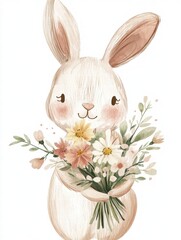 Poster - Cute illustration of a rabbit holding a bouquet of flowers in a soft pastel style suitable for childrens decor. Generative AI