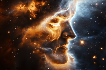 Poster - Human face formed by cosmic clouds in a vibrant galaxy at night highlighting the beauty of the universe. Generative AI