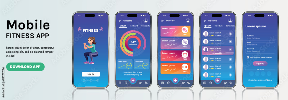 A sleek fitness app interface template featuring responsive design ...