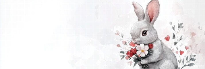 Poster - Cute rabbit holding a bouquet of flowers surrounded by hearts in a whimsical garden setting during springtime. Generative AI
