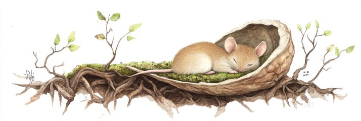 Poster - Sleepy mouse nestled in a cozy shell surrounded by plants in a serene forest setting. Generative AI