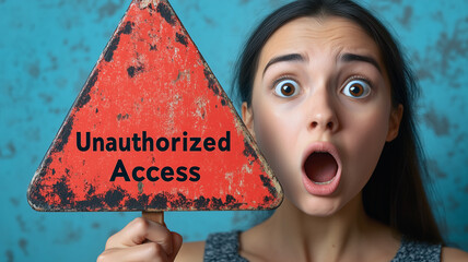 Poster - Shocked Woman Holding Unauthorized Access Sign