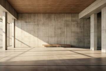 Poster - Sunlight illuminating empty concrete lobby with wooden bench and ceiling