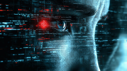 Poster - Digital Eye: A close-up of a piercing blue eye peering through a layer of swirling digital code, a red light emanating from its center, creating a sense of mystery and technological prowess. 