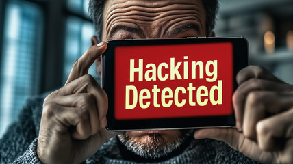 Poster - Hacking Detected: A close-up shot of a man's face, obscured by a tablet displaying a warning message 