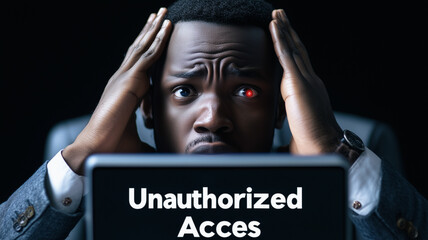 Poster - unauthorized access alert: a concerned man sits before a laptop screen displaying a stark 