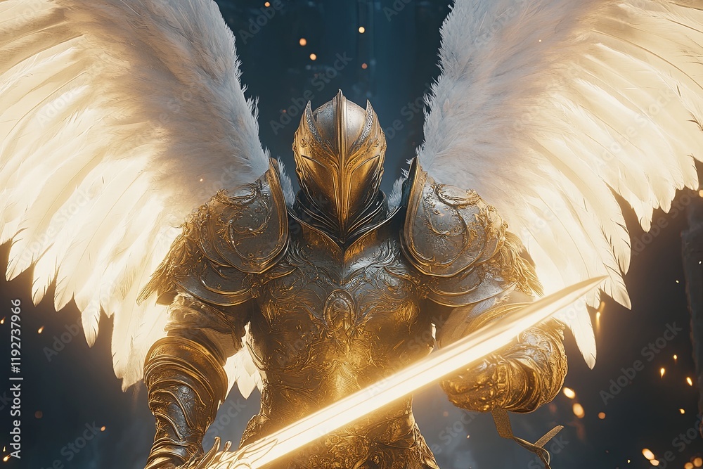 Majestic armored warrior with golden sword and angelic wings in ...