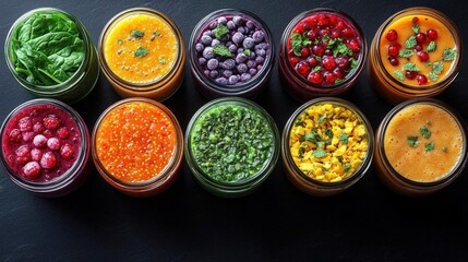 Sticker - Assortment of colorful fruit and vegetable smoothies in glass jars on dark background