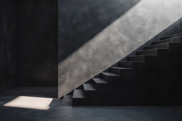 Poster - Sunbeam casting light on minimalist concrete staircase in modern interior architecture