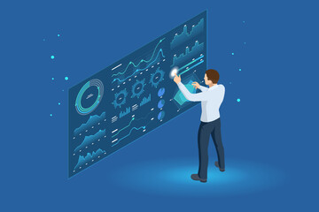 Poster - isometric vector of a man interacting with futuristic digital dashboards. the interface features cha