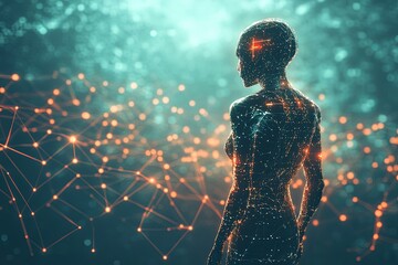 Poster - Digital silhouette of a female figure illuminated by glowing connections in a futuristic environment. Generative AI