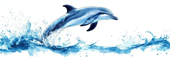 Poster - Dolphin leaps gracefully above vibrant ocean waves in a stunning ocean landscape. Generative AI