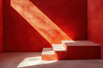Poster - Sunlight casting shadows on red interior with simple square steps