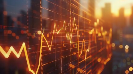 Poster - A glowing stock market chart against a blurred city backdrop.