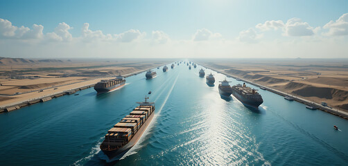 Large Cargo Ships Sailing in Canal with Desert Landscape and Clear Sky