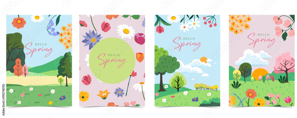 Spring landscape background with mountain and tree for a4 vertical ...