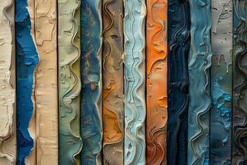 Poster - Abstract art background with thick paint strokes creating vertical lines pattern in blue, orange, beige and grey