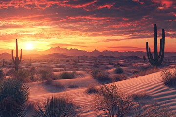 Poster - Desert sunset with cacti and mountains against a vibrant sky in a serene landscape. Generative AI