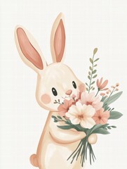 Aufkleber - Cute bunny holding a colorful bouquet of flowers in a playful and cheerful manner in a bright illustration. Generative AI